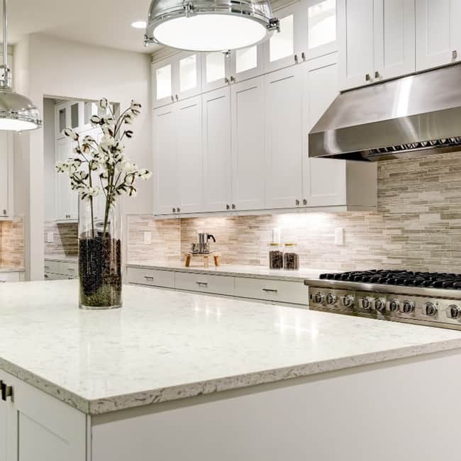 Matte white kitchen cabinets.